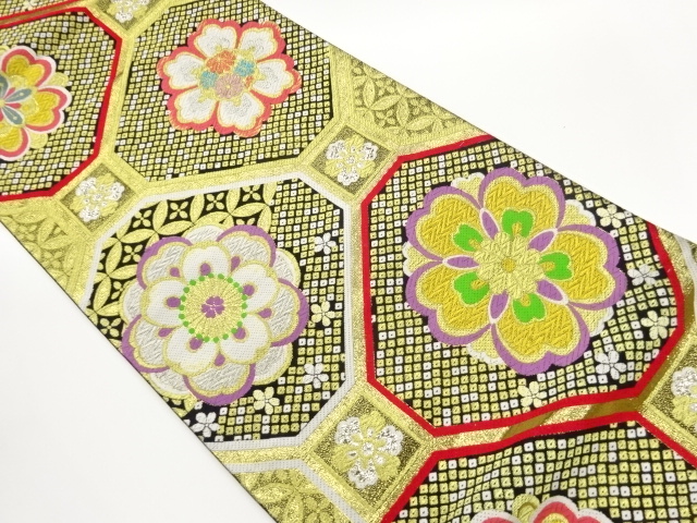 JAPANESE KIMONO / FUKURO OBI / SILK / WOVEN SHOKKO & FLORAL CREST